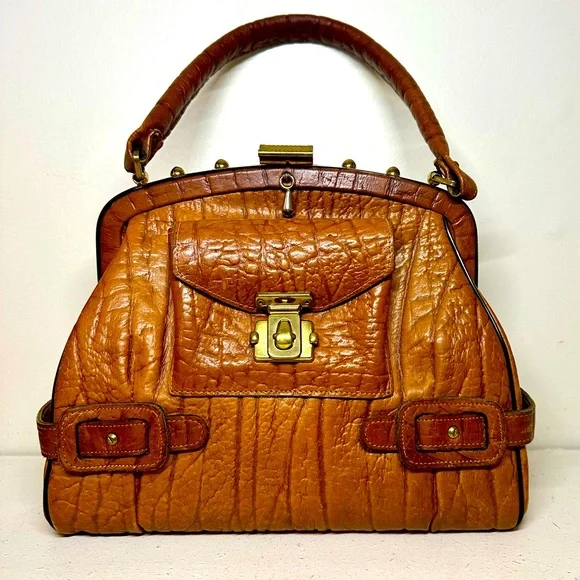 Vintage Continental Structured Leather Handbag Shoulder Purse Doctor’s Brass - Picture 1 of 12